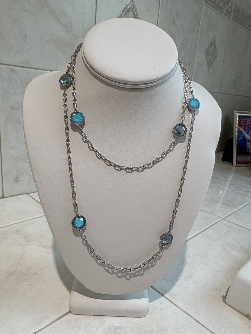 Tacori Sterling Silver 38” Long Station Necklace Turquoise & Blue Topaz Accents